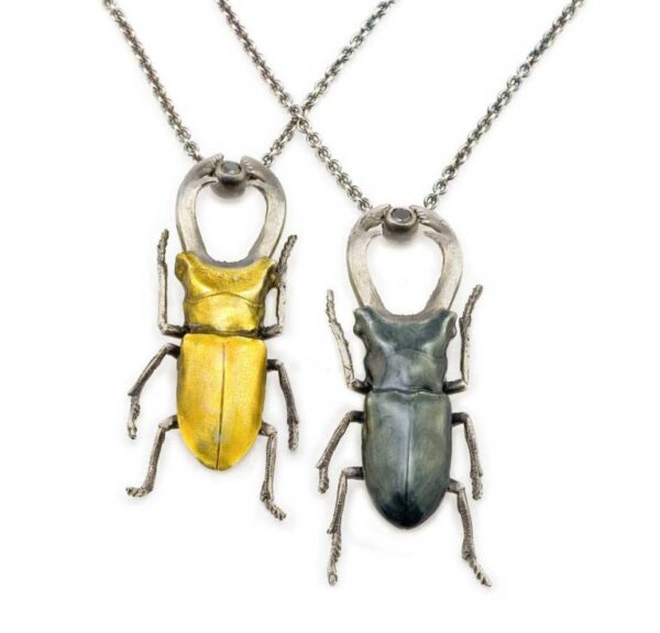 Enamelled stag beetle necklaces